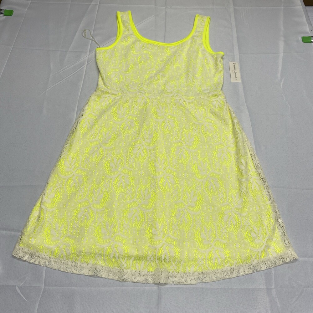 NWT Bobbie Brooks Neon Yellow Lace Sleeveless Scoop Neck Dress Size Large